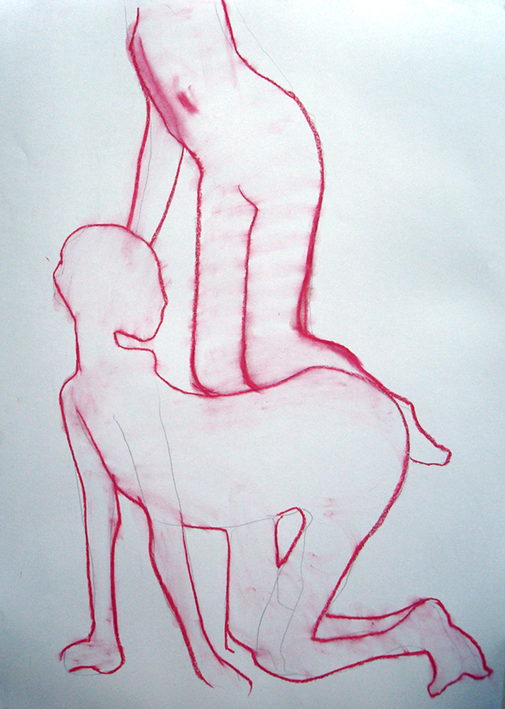 Tekening pastel: Twee figuren op elkaar 2